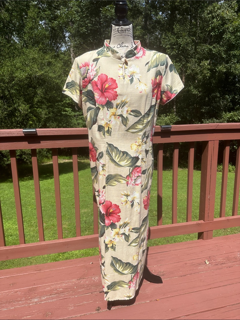 Tropical Floral Mandarin Collar Maxi Dress - Beige with Pink Hibiscus